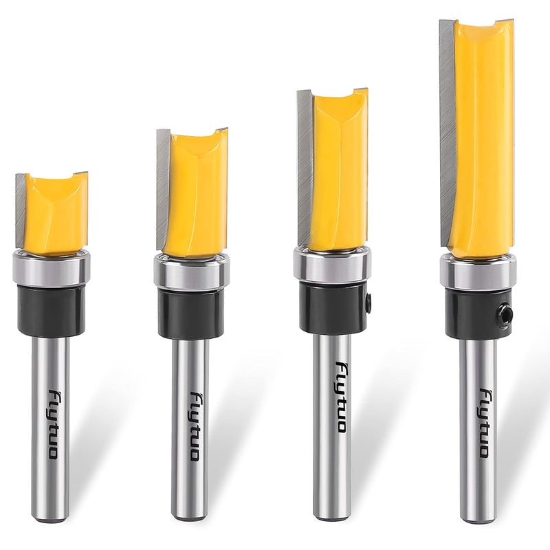 Flytuo 4PCS Pattern Flush Trim Router Bit Set 1/4" Shank, Professional Carbide Top Bearing Flush Trim Bit Kit with Length in 1/2", 3/4", 1", 1-1/2", Straight Cut Woodworking Tool(Cutting Dia: 1/2") - Image 1